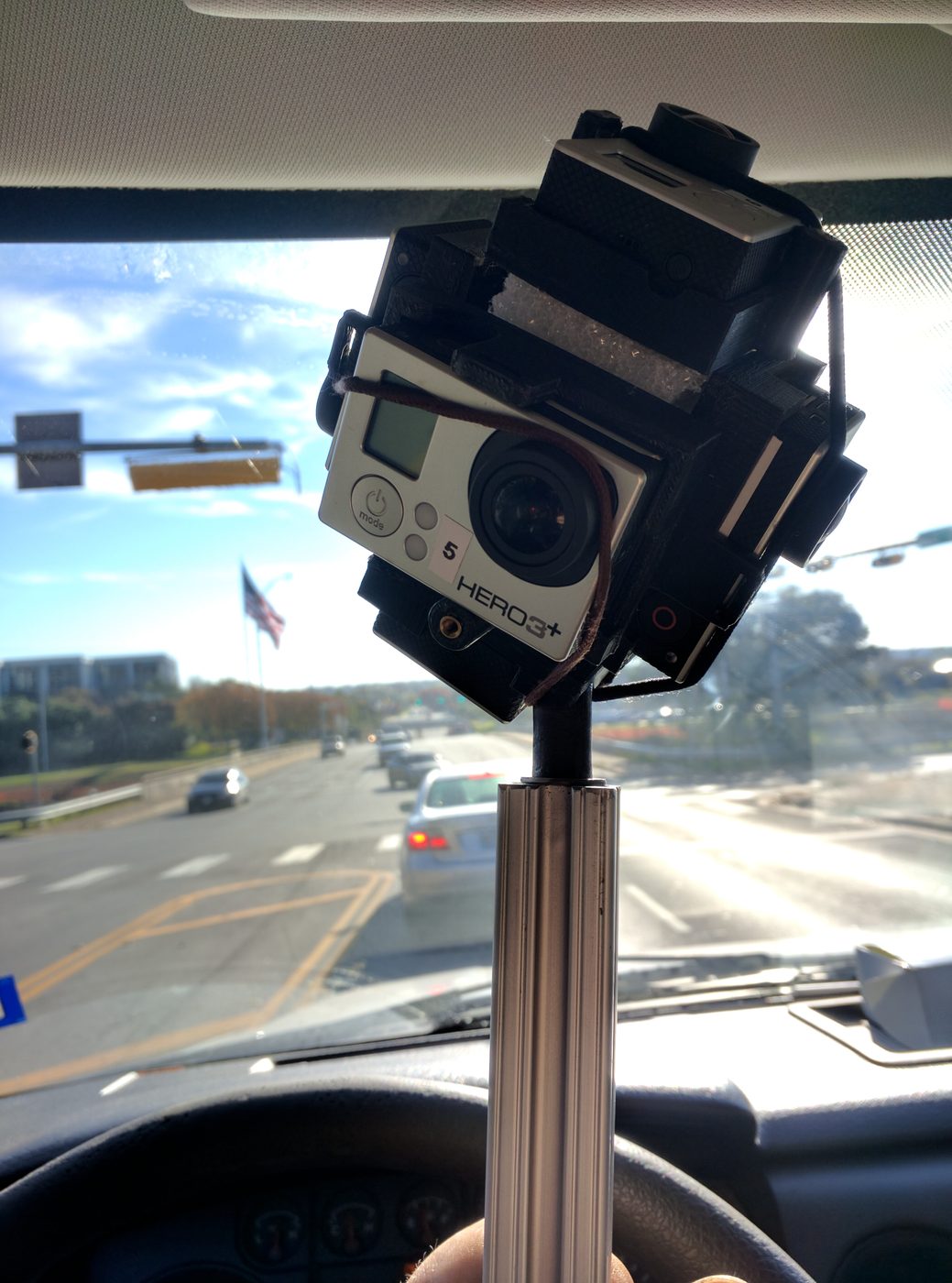 GoPro 360 rig mounted in a car