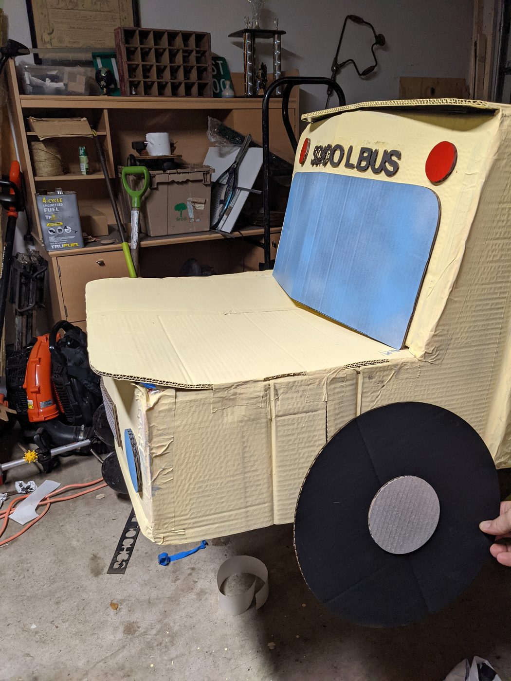 Cardboard Magic School Bus, front view with windshield and headlights