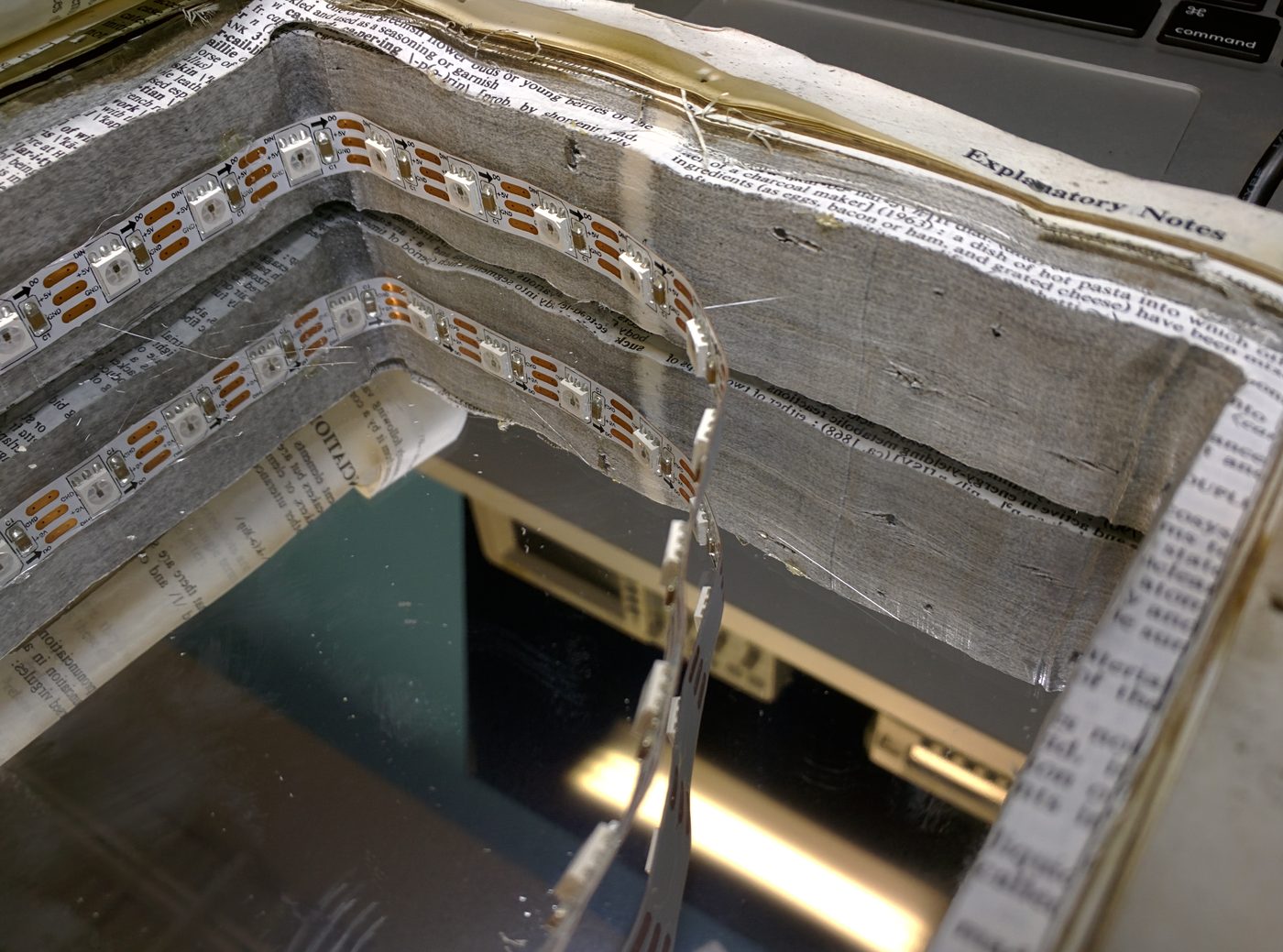 Addressable LED strips inside the hollowed book